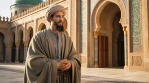 Ilustrasi Ali bin Abi Thalib dengan latar masjid kuno