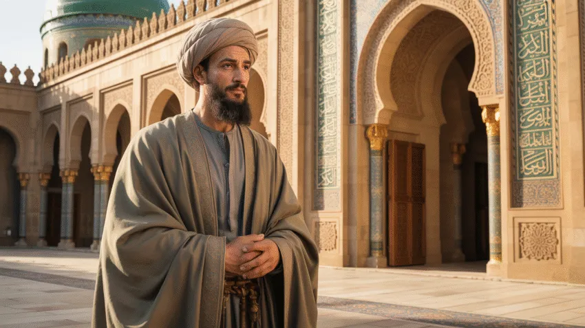 Ilustrasi Ali bin Abi Thalib dengan latar masjid kuno