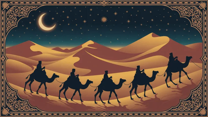Ilustrasi perjalanan hijrah Nabi Muhammad dari Mekah ke Madinah dengan latar padang pasir
