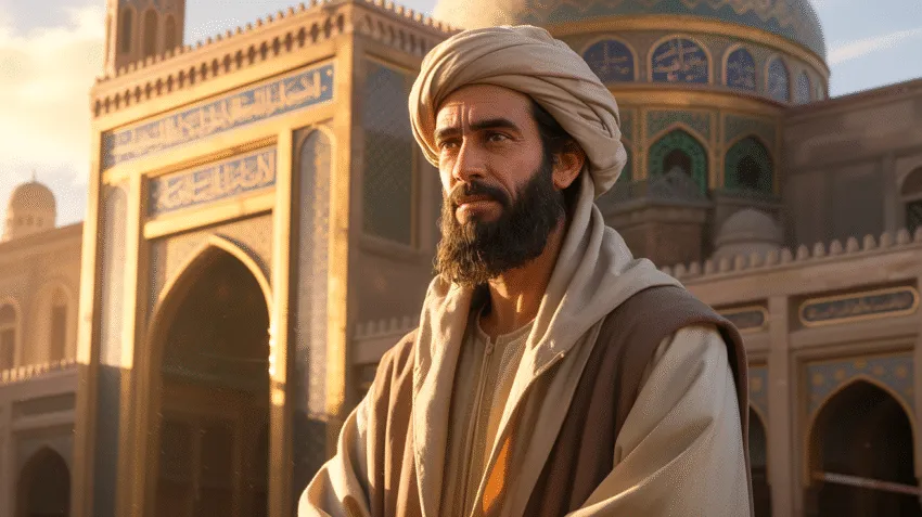 Ilustrasi Umar bin Khattab sebagai pemimpin adil dengan latar masjid kuno