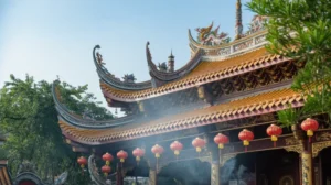 Klenteng tradisional Tionghoa dengan arsitektur khas dan ornamen merah emas