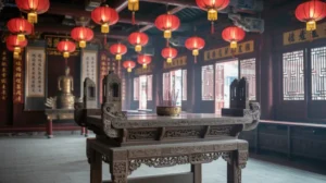 Interior Litang tempat ibadah Konghucu dengan altar dan lampion merah