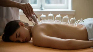 Terapi kop bekam tradisional dengan cangkir kaca di punggung pasien