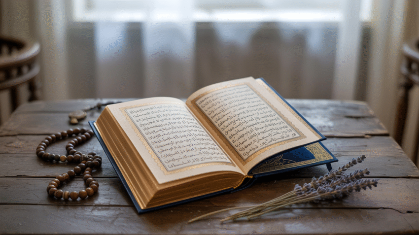 Ilustrasi buku doa sehari-hari dengan kaligrafi Arab yang indah