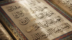 Ilustrasi kutipan Ali bin Abi Thalib dengan kaligrafi Arab dan latar klasik