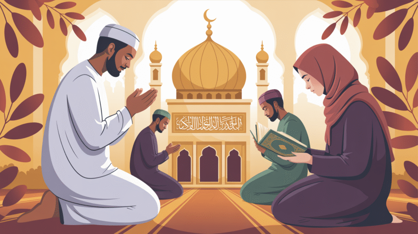 Ilustrasi berbagai macam ibadah dalam Islam seperti sholat, membaca Al-Quran, dan berdoa
