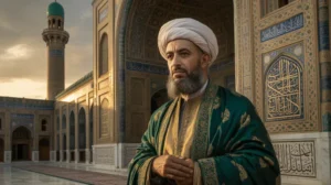 Ilustrasi Khalifah Ali bin Abi Thalib dengan latar masjid kuno