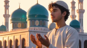 Orang sedang membaca doa masuk masjid dengan khusyuk