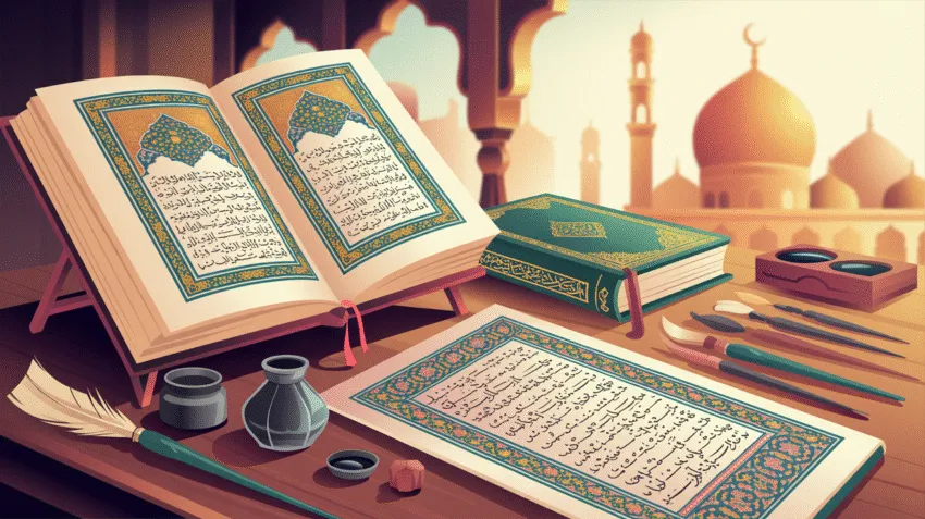 Ilustrasi kitab hadits dengan pena dan kertas kuno di latar belakang masjid