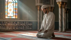 Ilustrasi seseorang sedang beribadah dengan khusyuk di masjid