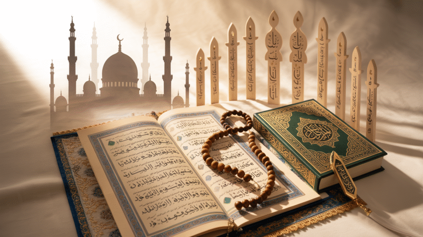 Ilustrasi rukun Islam dan rukun iman dengan simbol-simbol Islam