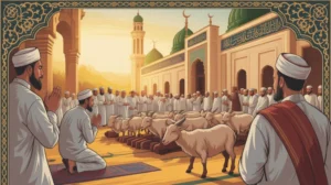 Ilustrasi prosesi muroqi Idul Adha dengan latar masjid dan hewan kurban