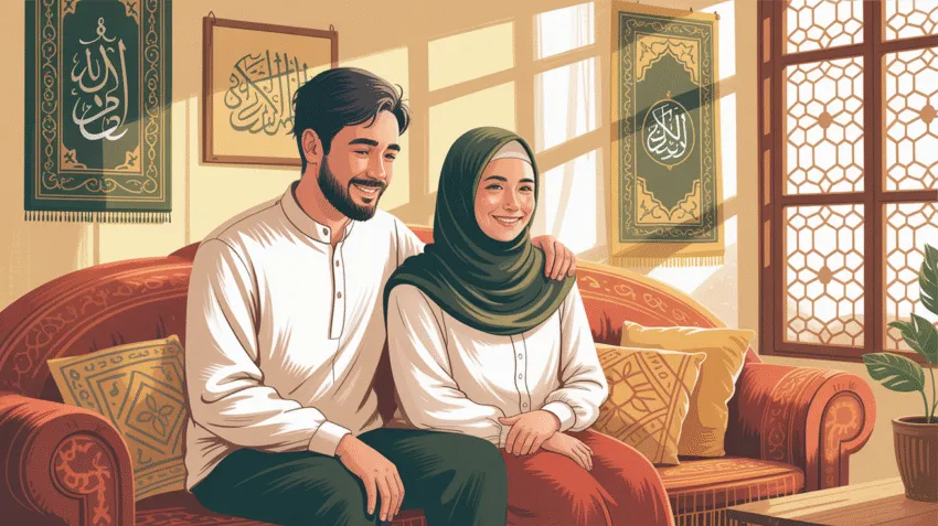Ilustrasi keluarga muslim bahagia dengan konsep nafkah lahir batin