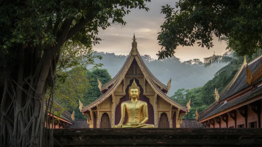 Vihara Buddha dengan arsitektur tradisional dan patung Buddha