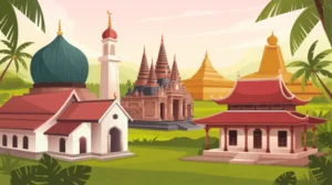 Berbagai tempat ibadah di Indonesia termasuk masjid, gereja, pura, vihara, dan klenteng