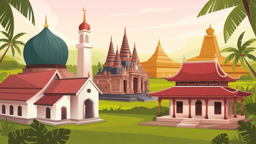 Berbagai tempat ibadah di Indonesia termasuk masjid, gereja, pura, vihara, dan klenteng