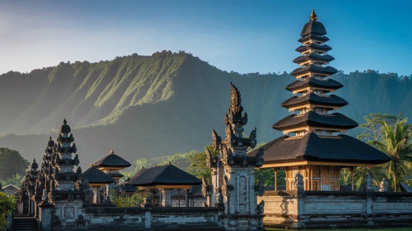 Pura Besakih sebagai tempat ibadah Hindu terbesar di Bali dengan arsitektur megah dan pemandangan gunung