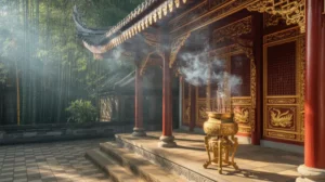 Kelenteng Konghucu tradisional dengan ornamen merah dan emas