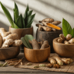 Berbagai jenis tanaman obat herbal tradisional Indonesia dalam wadah alami