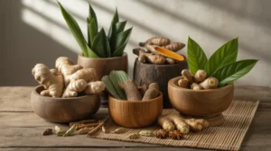 Berbagai jenis tanaman obat herbal tradisional Indonesia dalam wadah alami