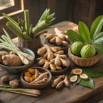 Berbagai jenis obat herbal untuk mengatasi diare seperti jahe, daun jambu biji, dan kunyit