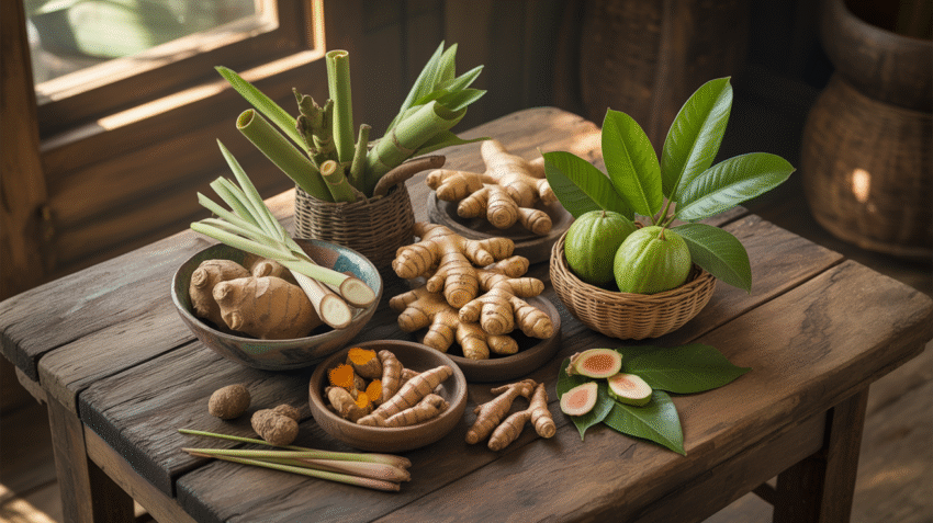Berbagai jenis obat herbal untuk mengatasi diare seperti jahe, daun jambu biji, dan kunyit