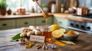 Berbagai bahan obat pilek herbal alami seperti jahe, madu, dan lemon