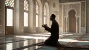 Ilustrasi muslim sedang berdoa dan berdzikir dengan latar masjid yang tenang