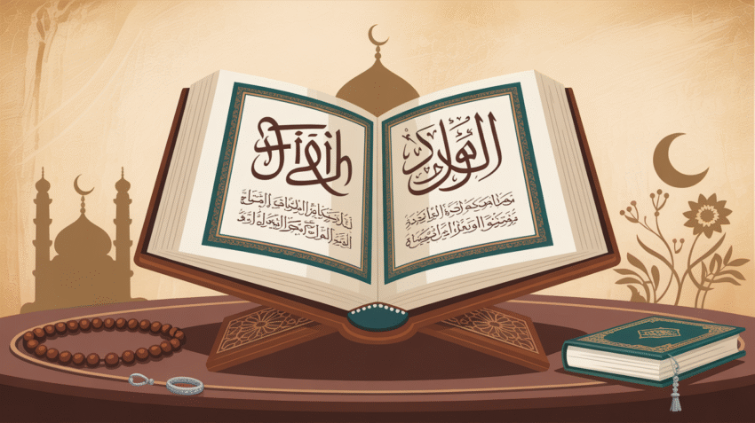 Ilustrasi buku fiqih ibadah dengan simbol Islam di latar belakang masjid