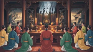 Ritual ibadah Konghucu di kelenteng dengan lilin dan dupa menyala