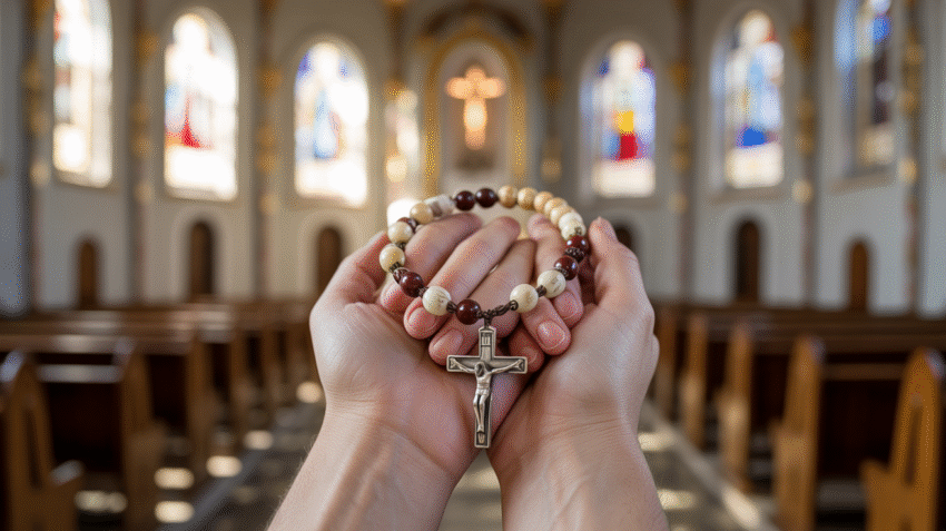 Ibadah rosario dengan rosario di tangan dan latar gereja Katolik
