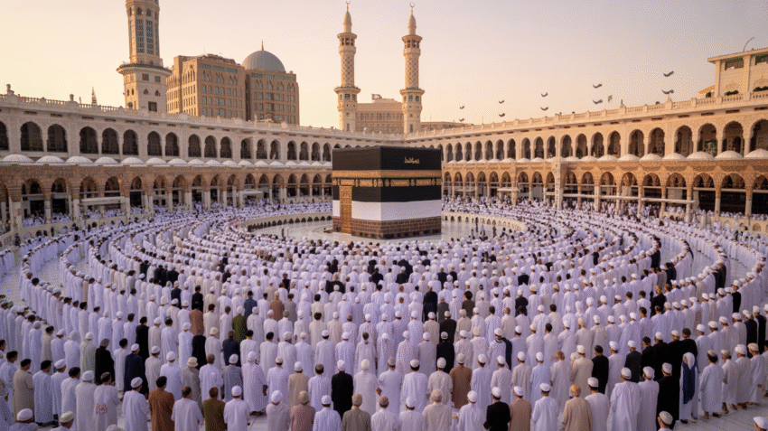 Jamaah umroh sedang thawaf di sekitar Ka'bah di Masjidil Haram