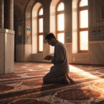 Ilustrasi seseorang sedang melaksanakan shalat sunnah maghrib di masjid dengan suasana tenang