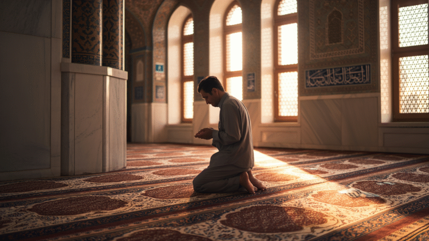 Ilustrasi seseorang sedang melaksanakan shalat sunnah maghrib di masjid dengan suasana tenang