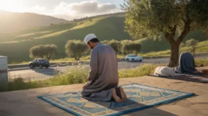 Ilustrasi muslim sedang melaksanakan shalat sunnah safar di tempat perjalanan