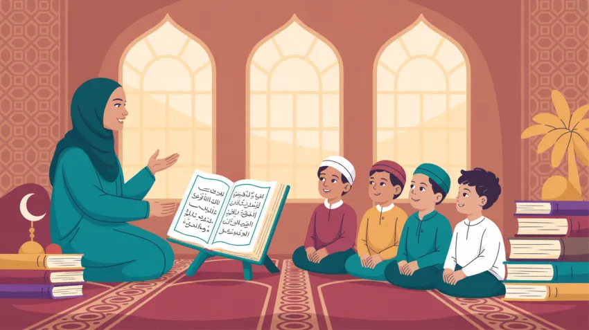 Ilustrasi pelajaran aqidah akhlak dengan simbol islam dan pendidikan karakter