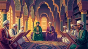 Ilustrasi sejarah pendiri Dinasti Abbasiyah dengan latar istana dan naskah kuno