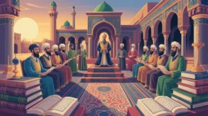 Ilustrasi sejarah pendiri Daulah Bani Abbasiyah dengan latar istana dan naskah kuno