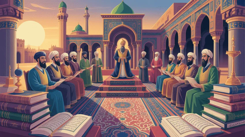 Ilustrasi sejarah pendiri Daulah Bani Abbasiyah dengan latar istana dan naskah kuno