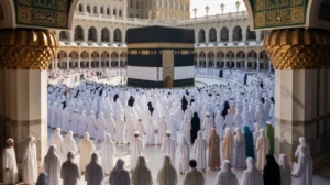 Ilustrasi perbedaan haji dan umrah dengan gambar Ka'bah dan jamaah beribadah