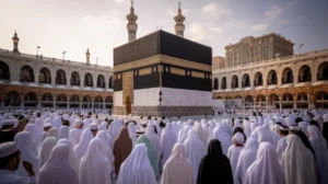 Ilustrasi Ka'bah dengan jamaah haji dan umroh berthawaf