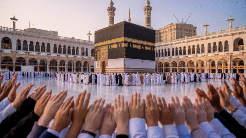 Ilustrasi Ka'bah di Masjidil Haram dengan jamaah haji sedang tawaf