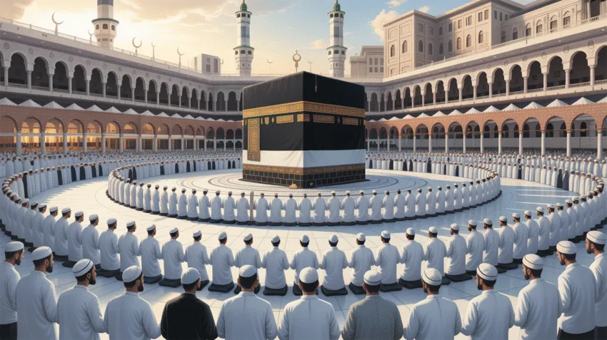 Ilustrasi prosesi ibadah haji tamattu di Masjidil Haram