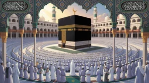 Ilustrasi Haji Wada Nabi Muhammad di Masjidil Haram dengan jamaah haji