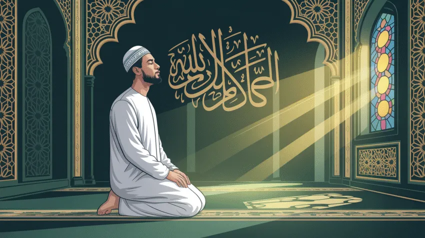 Ilustrasi pengertian ibadah dalam Islam dengan gambar orang sedang berdoa di masjid