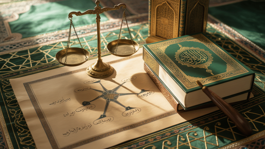 Ilustrasi pembagian warisan dalam Islam dengan Al-Quran dan diagram ahli waris