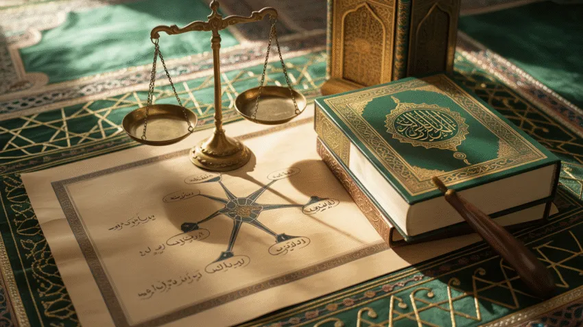 Ilustrasi pembagian warisan dalam Islam dengan Al-Quran dan diagram ahli waris