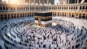 Ka'bah di Masjidil Haram dengan jamaah haji sedang tawaf