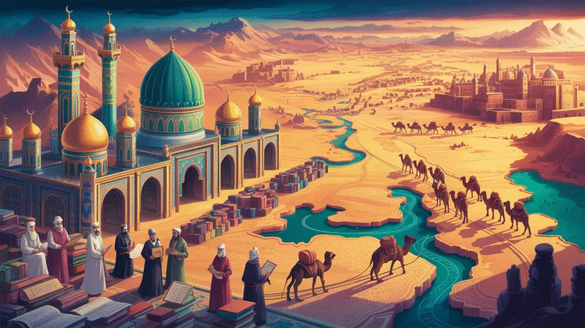 Peta Kekaisaran Abbasiyah dan ilustrasi Istana Khalifah di Baghdad