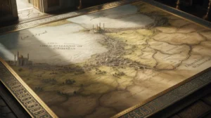 Peta wilayah kekuasaan Dinasti Umayyah dengan ilustrasi istana dan masjid